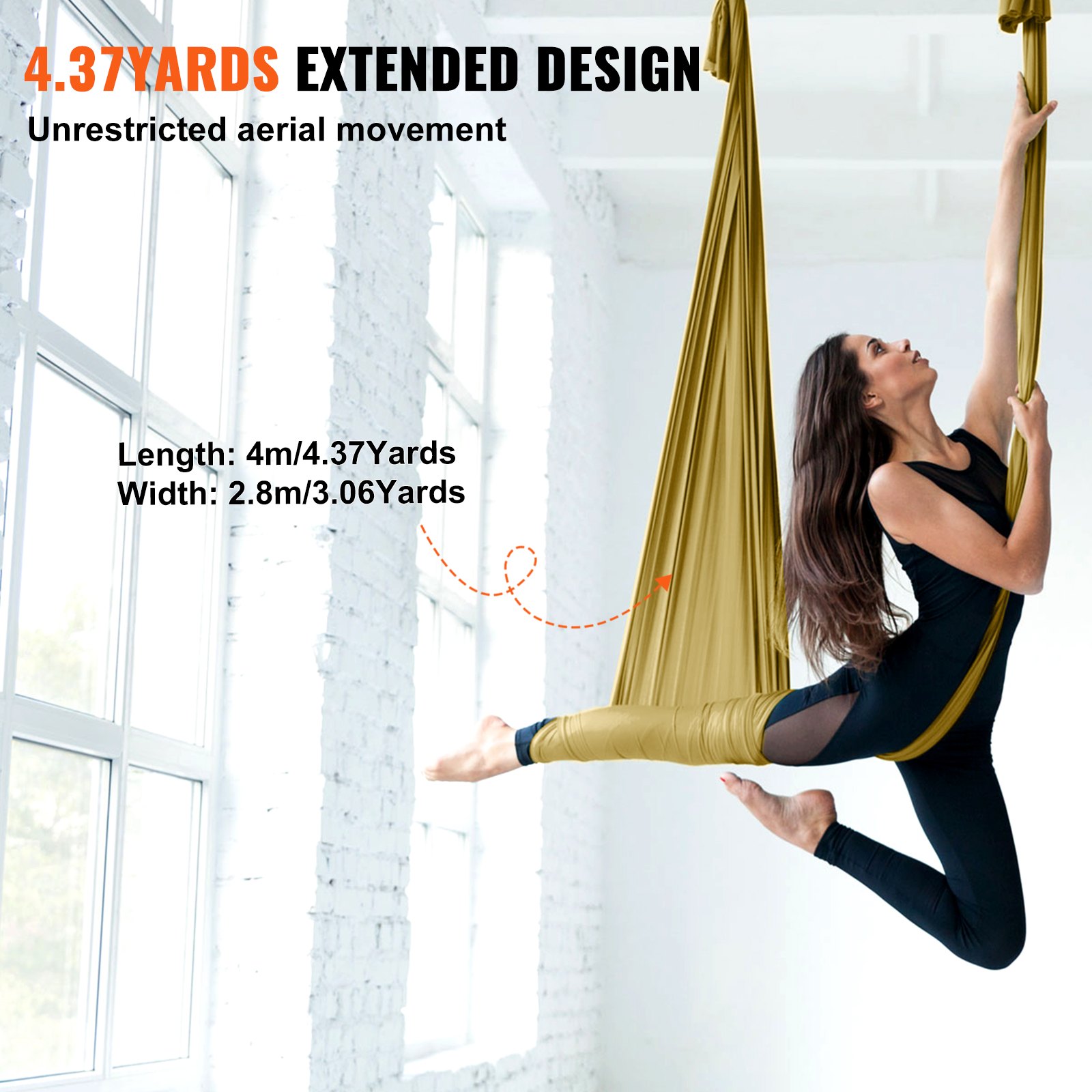 VEVOR Hamaca aérea de yoga 4x2,8m Kit de columpio de yoga con inversión de danza aérea Nylon 100g/m² Carga 1000kg Vuelo aéreo antigravedad para fitness Culturismo Pilates Gimnasio Estudio en casa, Oro