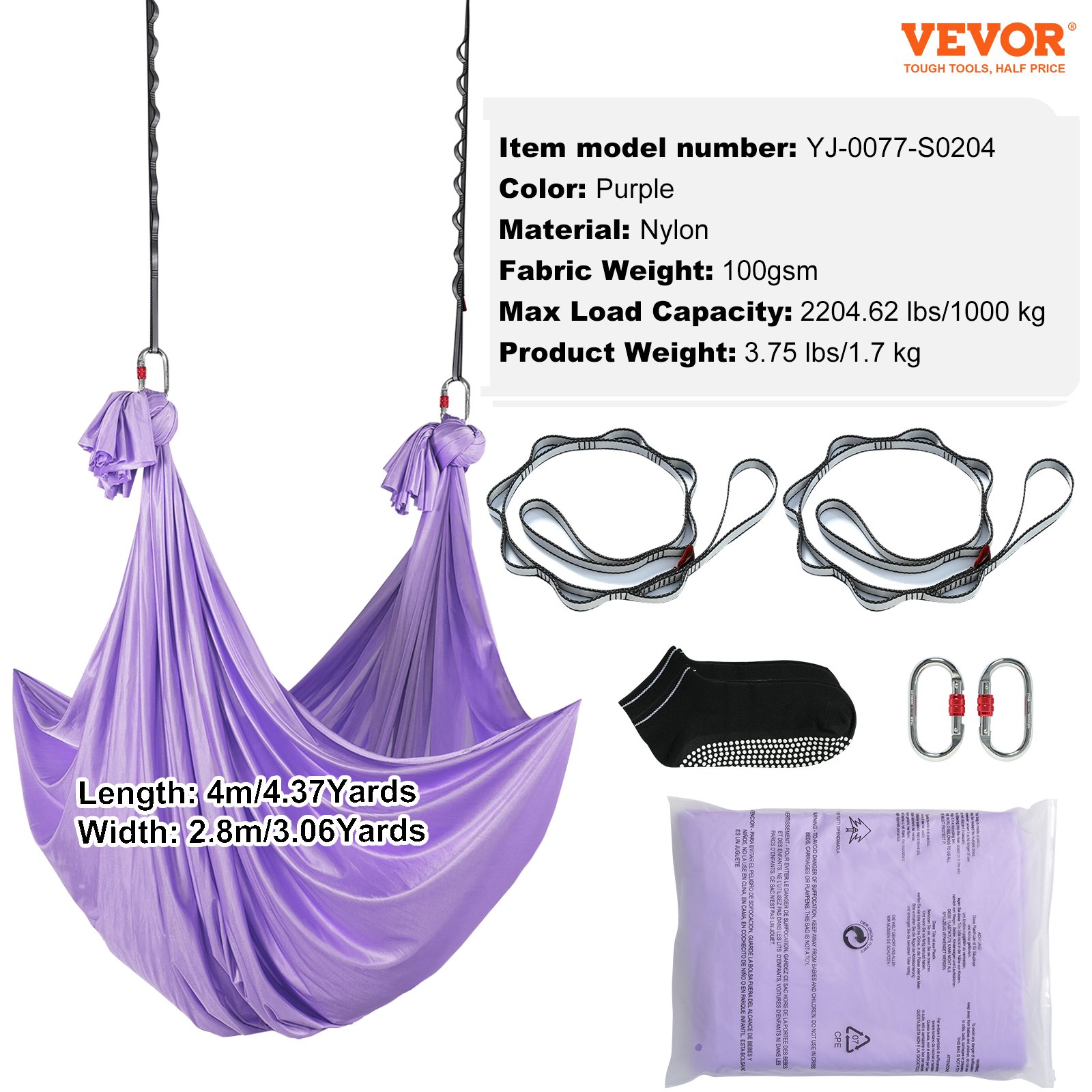 VEVOR Hamaca aérea de yoga 4x2,8 m Kit de columpio de yoga con inversión de danza aérea Nylon 100 g/m² Carga 1000 kg Vuelo aéreo antigravedad para fitness Culturismo Pilates Gimnasio Estudio, Púrpura