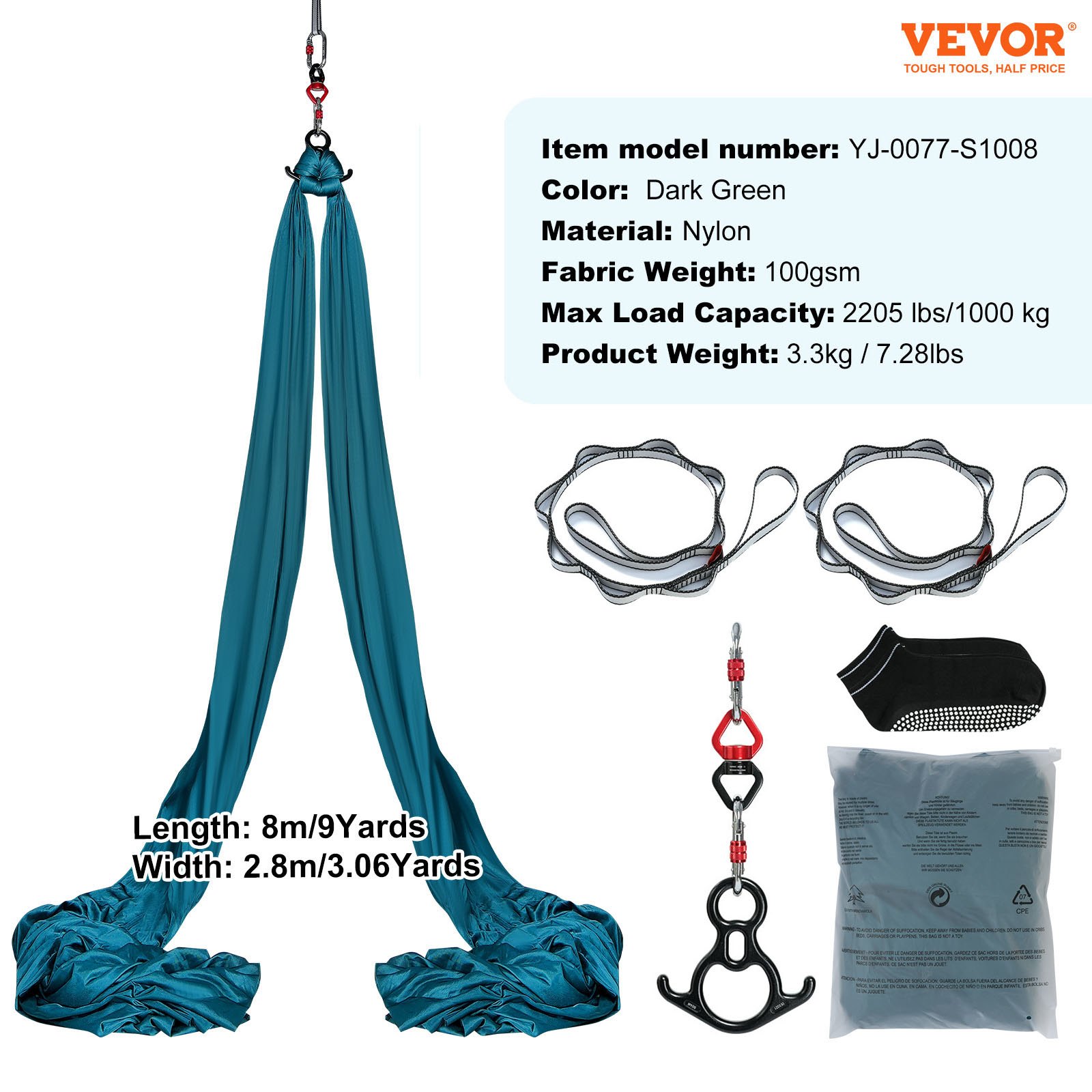 VEVOR Hamaca aérea de yoga 8x2,8 m Kit de columpio de yoga con inversión de danza aérea Nylon 100 g/m² Carga 1000 kg Vuelo aéreo antigravedad para fitness Culturismo Pilates Gimnasio Estudio, Verde