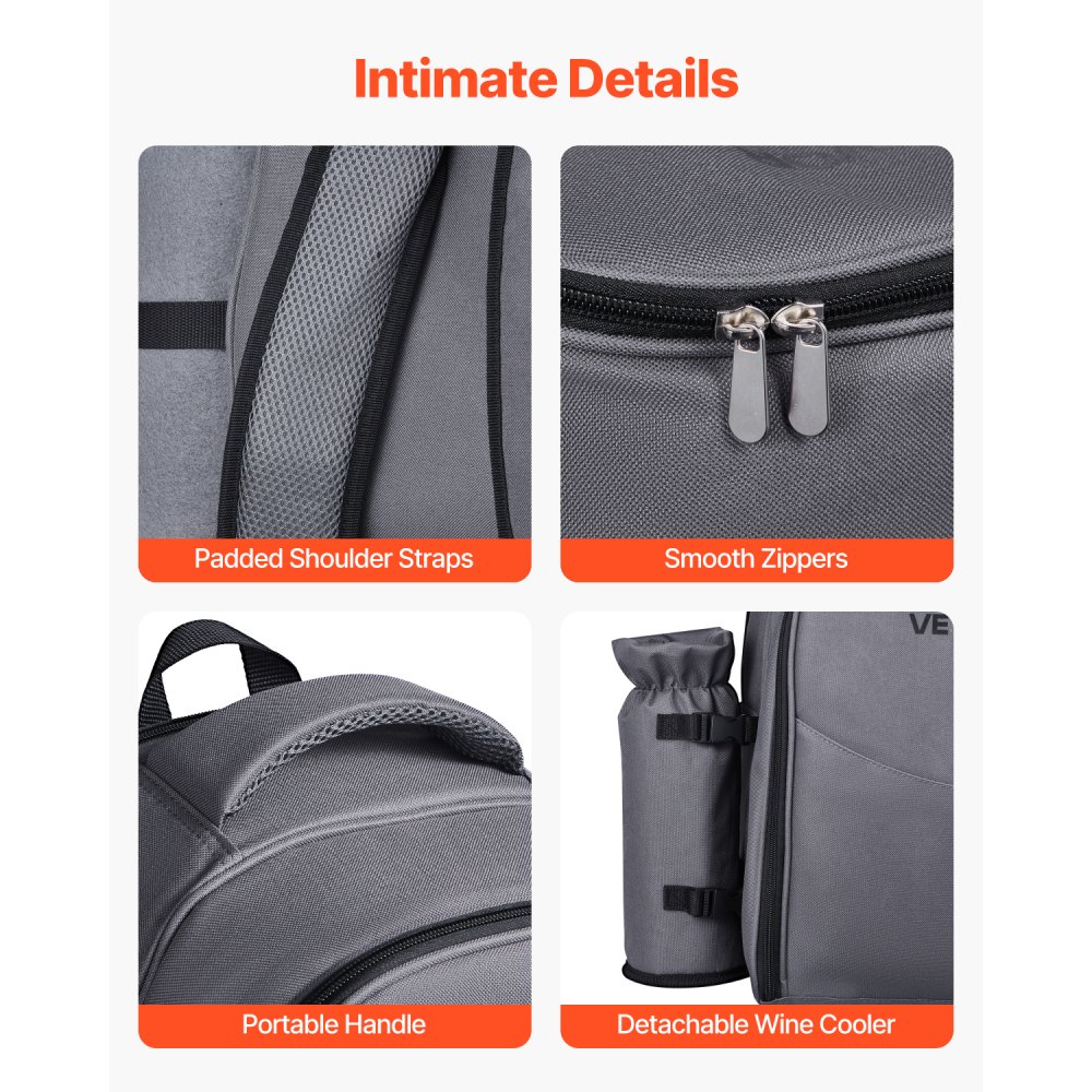 VEVOR Mochila de Pícnic, Ideal para la Playa, para 2 Personas, con Compartimento Térmico, Portabotellas/Soporte de Vino Desmontable, Manta Ligera, Platos y Cubiertos, Gris, Capacidad de 20 L