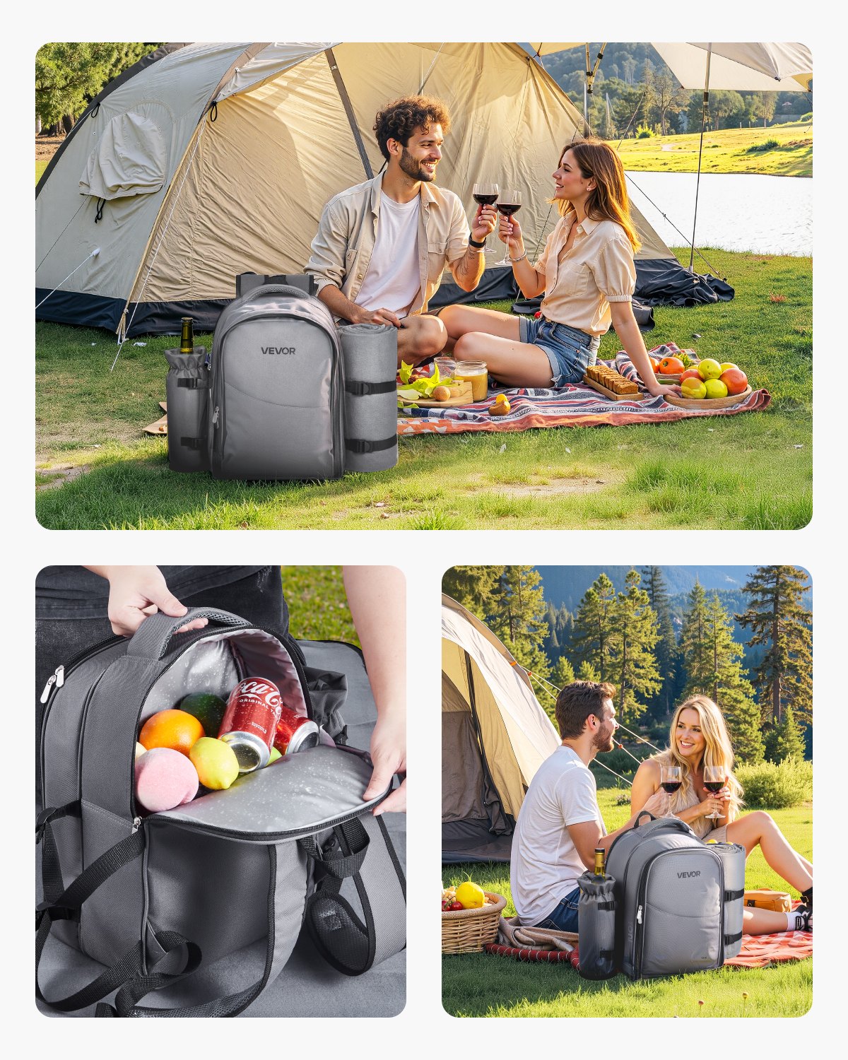 VEVOR Mochila de Pícnic, Ideal para la Playa, para 2 Personas, con Compartimento Térmico, Portabotellas/Soporte de Vino Desmontable, Manta Ligera, Platos y Cubiertos, Gris, Capacidad de 20 L