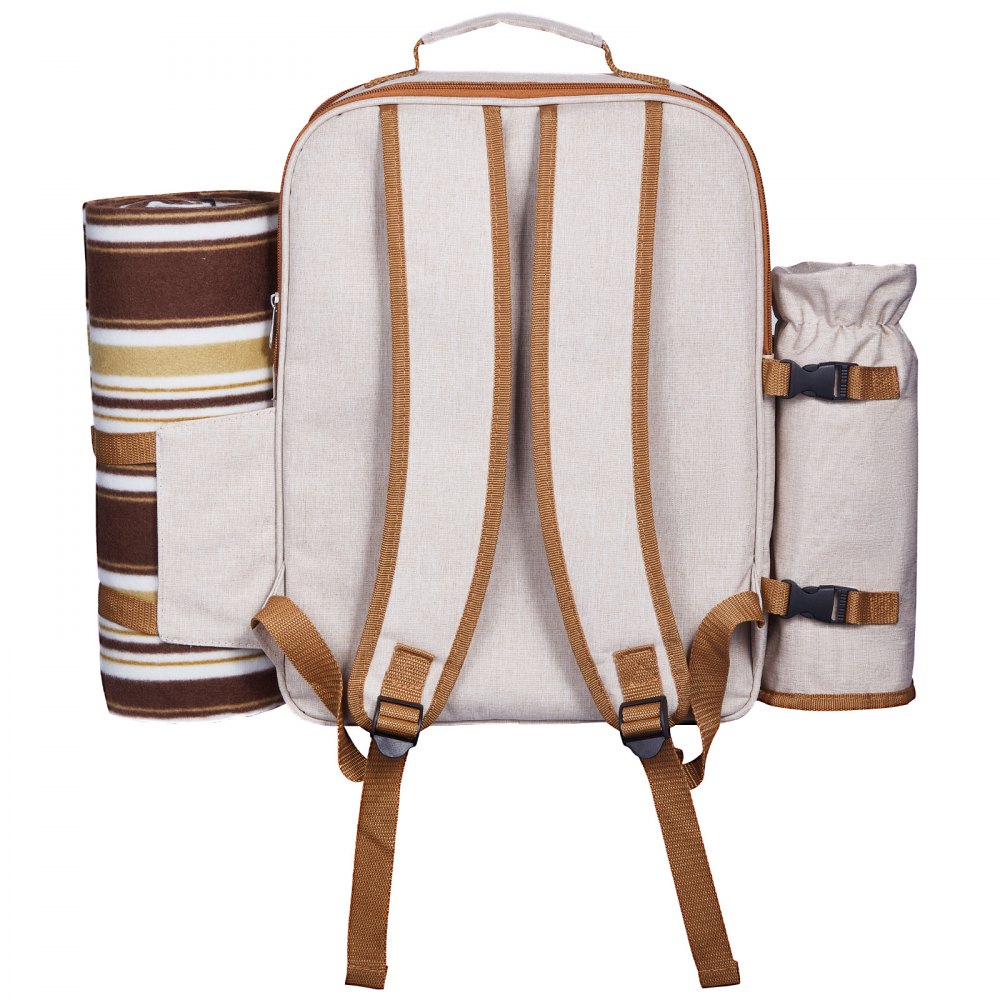 VEVOR Mochila de Pícnic para 4 Personas con Compartimento Térmico, Portabotellas/Soporte de Vino Desmontable, Manta Ligera, Platos y Cubiertos para Exteriores, Senderismo y Acampada, Beige, 20 L