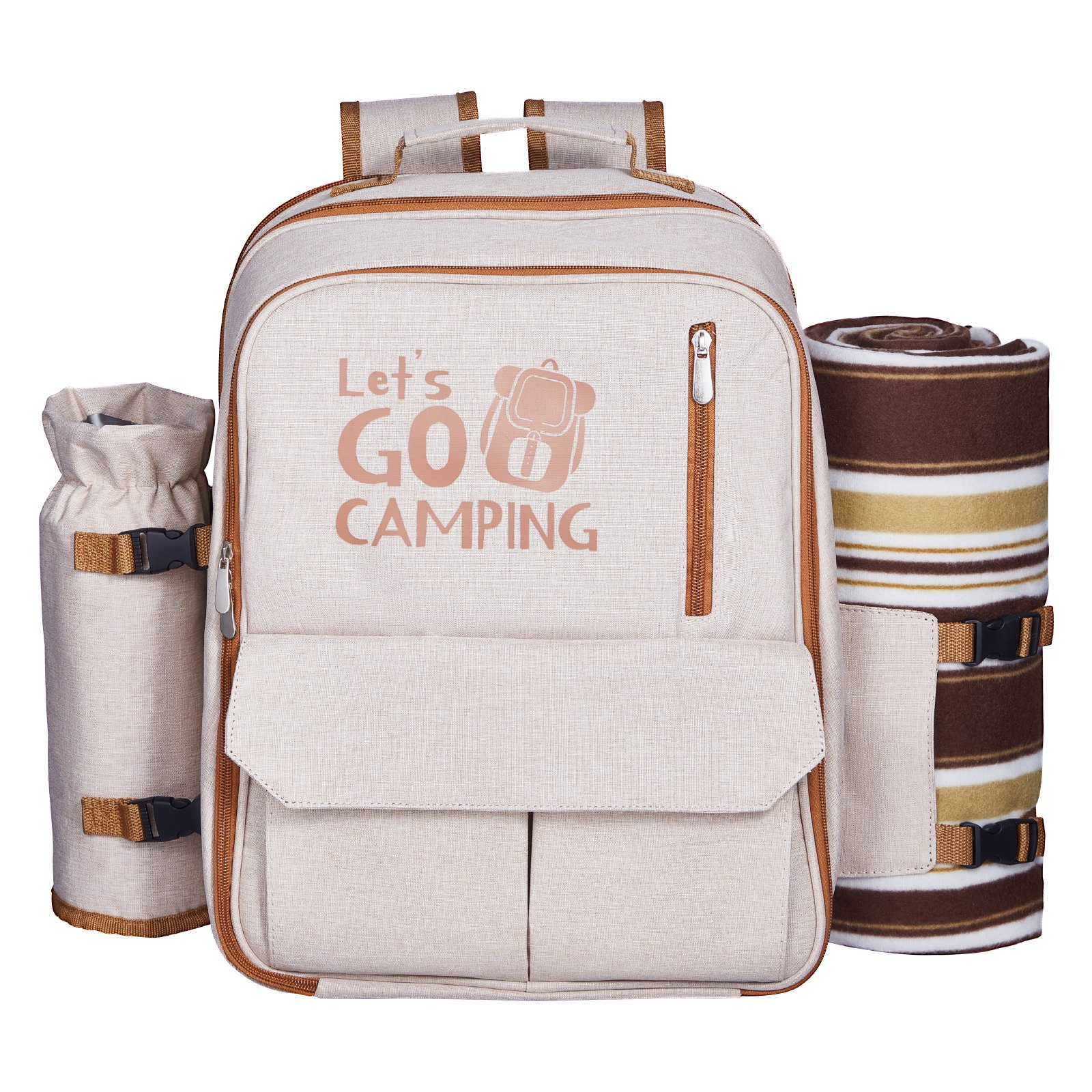 VEVOR Mochila de Pícnic para 4 Personas con Compartimento Térmico, Portabotellas/Soporte de Vino Desmontable, Manta Ligera, Platos y Cubiertos para Exteriores, Senderismo y Acampada, Beige, 20 L