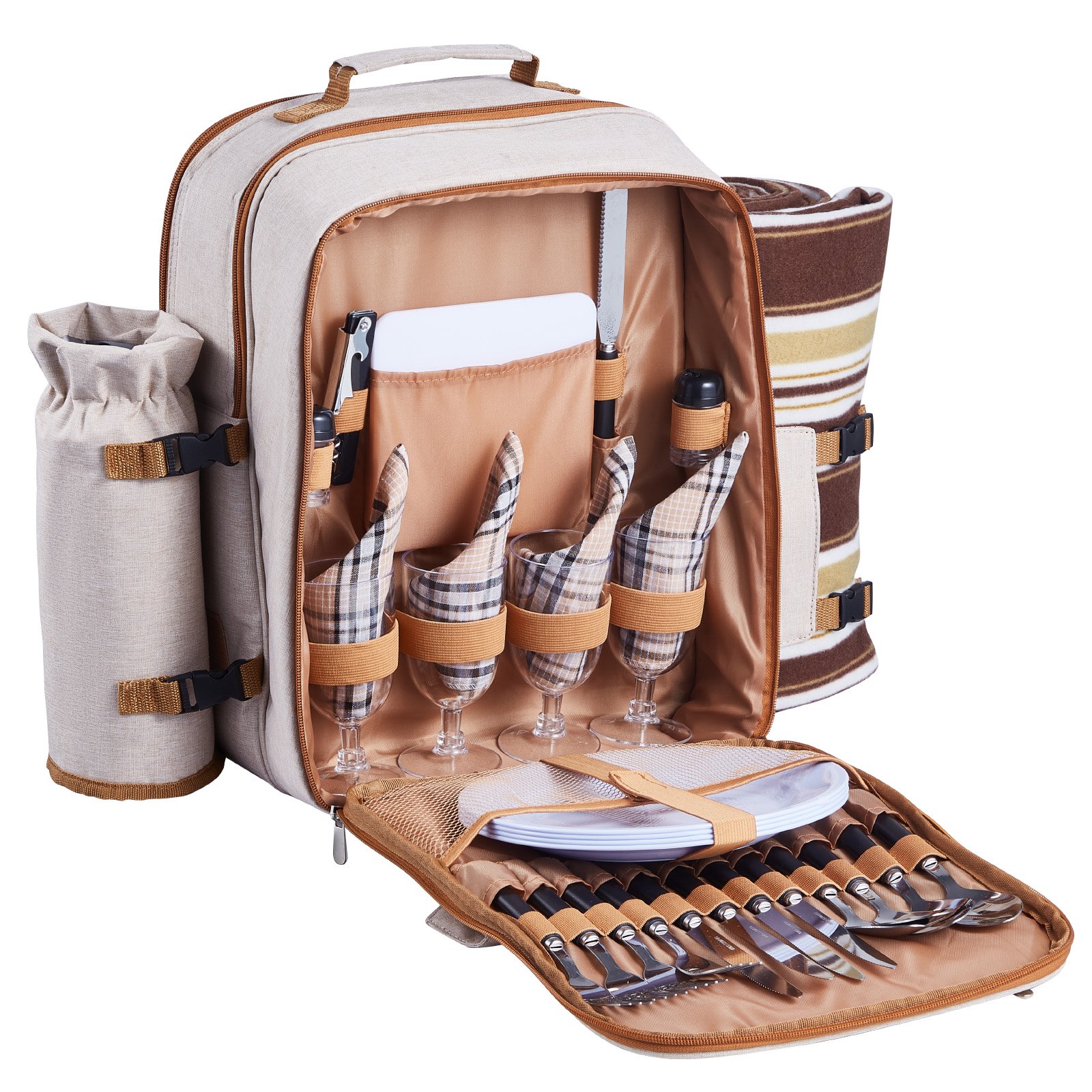 VEVOR Mochila de Pícnic para 4 Personas con Compartimento Térmico, Portabotellas/Soporte de Vino Desmontable, Manta Ligera, Platos y Cubiertos para Exteriores, Senderismo y Acampada, Beige, 20 L