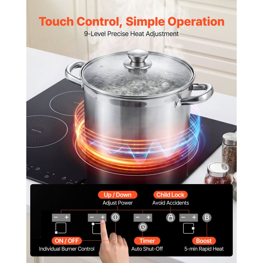 VEVOR Placa de Inducción Empotrable 59 x 52 cm 3 Quemadores 220 V 6200 W, Apagado Automático con Temporizador, Con 9 Niveles de Potencia, Con Pantalla Táctil LED, Con Bloqueo Infantil, Para Cocina