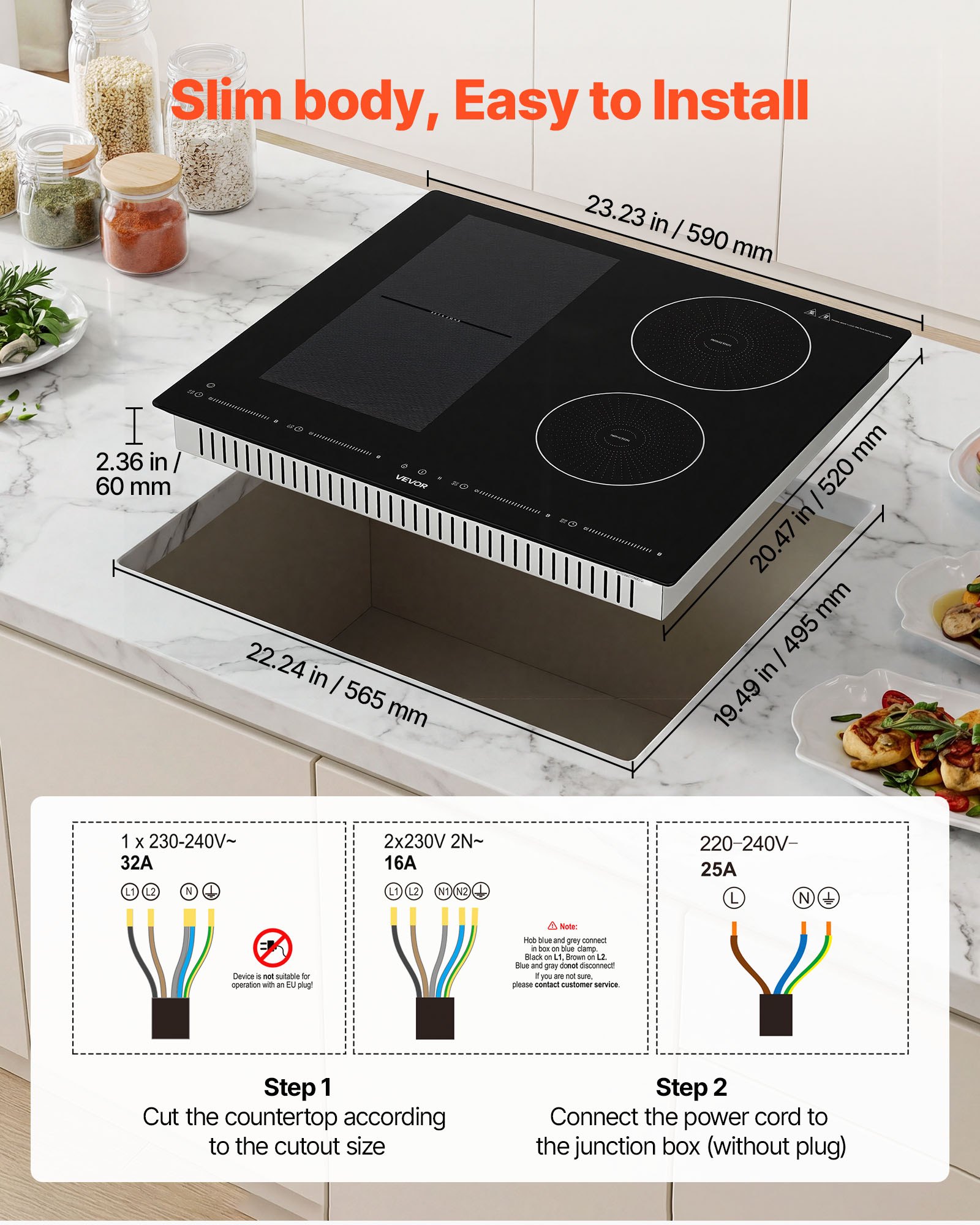 VEVOR Placa de Inducción 2 Quemadores Redondos y 2 Cuadrados 220 V 7000 W, Empotrable, 59 x 52 cm, Apagado Automático con Temporizador, 9 Niveles de Potencia, Pantalla Táctil LED, Bloqueo Infantil