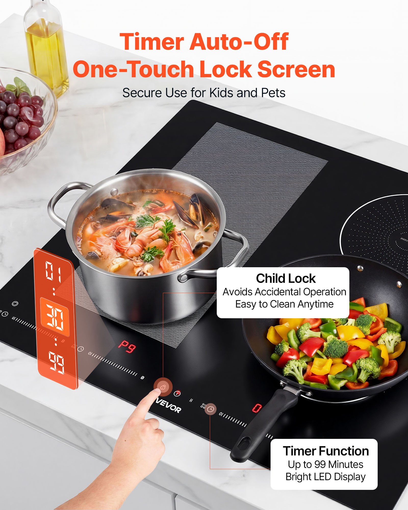 VEVOR Placa de Inducción 2 Quemadores Redondos y 2 Cuadrados 220 V 7000 W, Empotrable, 59 x 52 cm, Apagado Automático con Temporizador, 9 Niveles de Potencia, Pantalla Táctil LED, Bloqueo Infantil