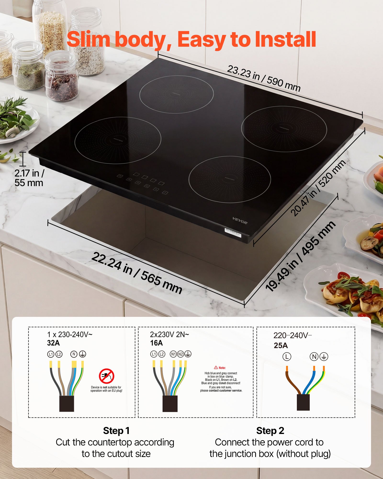VEVOR Placa de Inducción Empotrable 59 x 52 cm 4 Quemadores 220 V 7000 W, Apagado Automático con Temporizador, Con 9 Niveles de Potencia, Con Pantalla Táctil LED, Con Bloqueo Infantil, Para Cocina