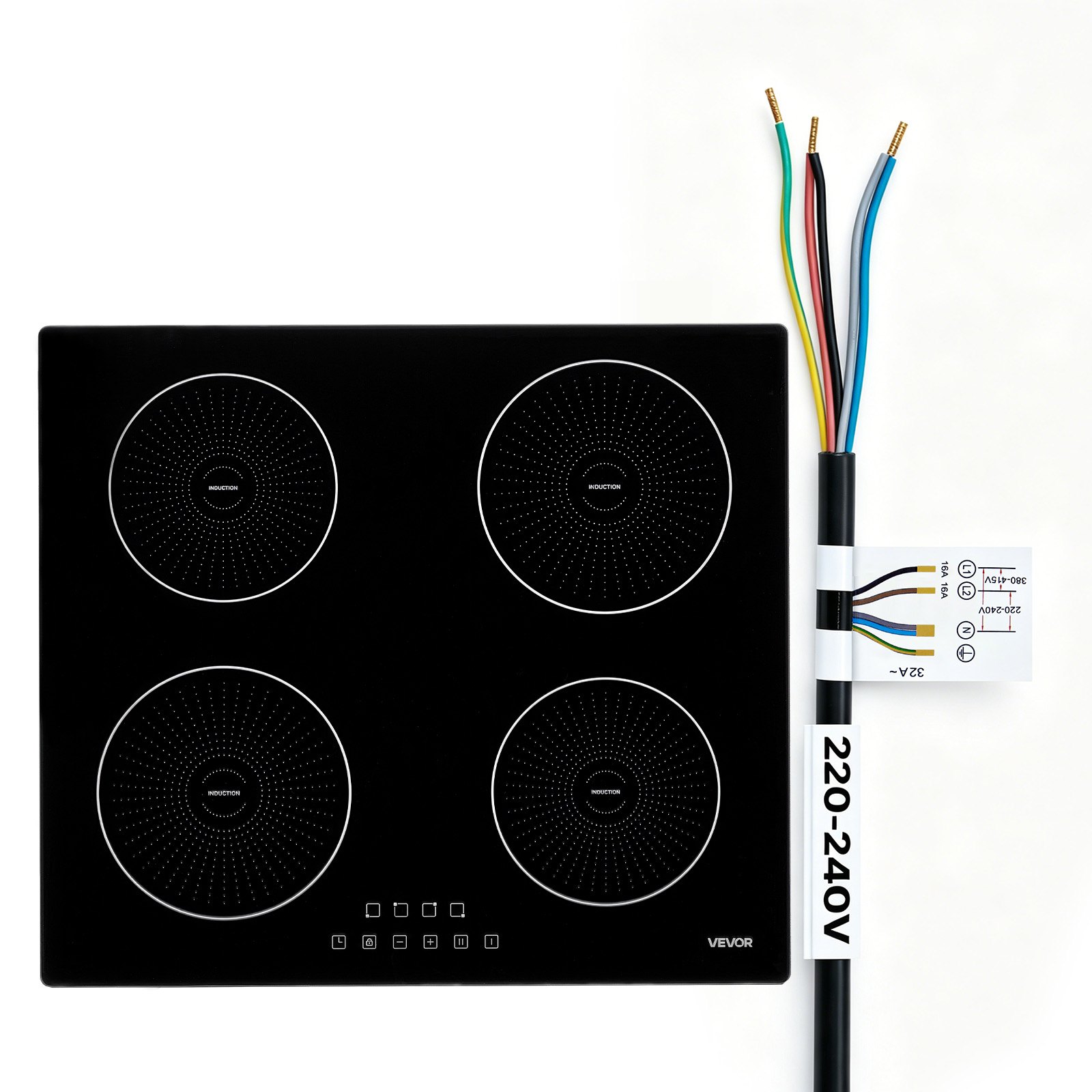 VEVOR Placa de Inducción Empotrable 59 x 52 cm 4 Quemadores 220 V 7000 W, Apagado Automático con Temporizador, Con 9 Niveles de Potencia, Con Pantalla Táctil LED, Con Bloqueo Infantil, Para Cocina