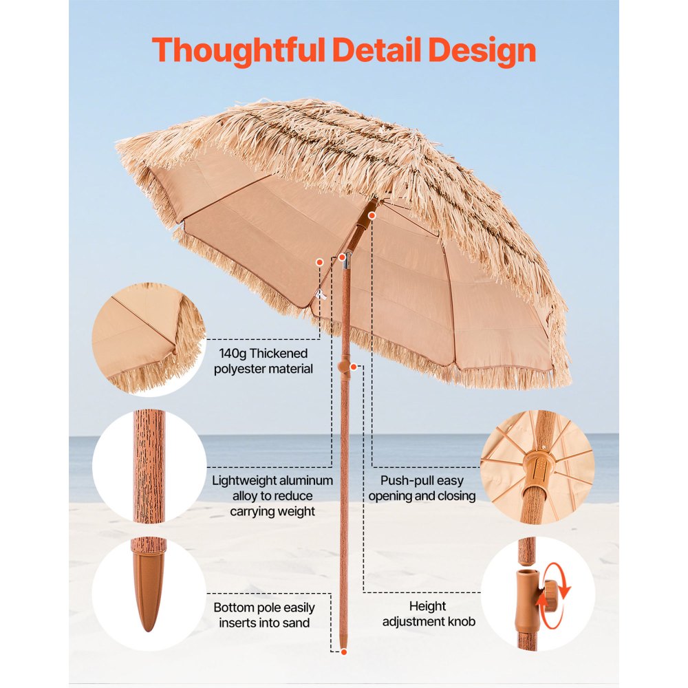 VEVOR Sombrilla de Paja de PP 1981 mm, Sombrilla Tiki Inclinable con 8 Varillas Metálicas, Parasol Hawaiano Portátil y Plegable para Protección Solar, para Playa, Terraza, Jardín, Piscina, Patio