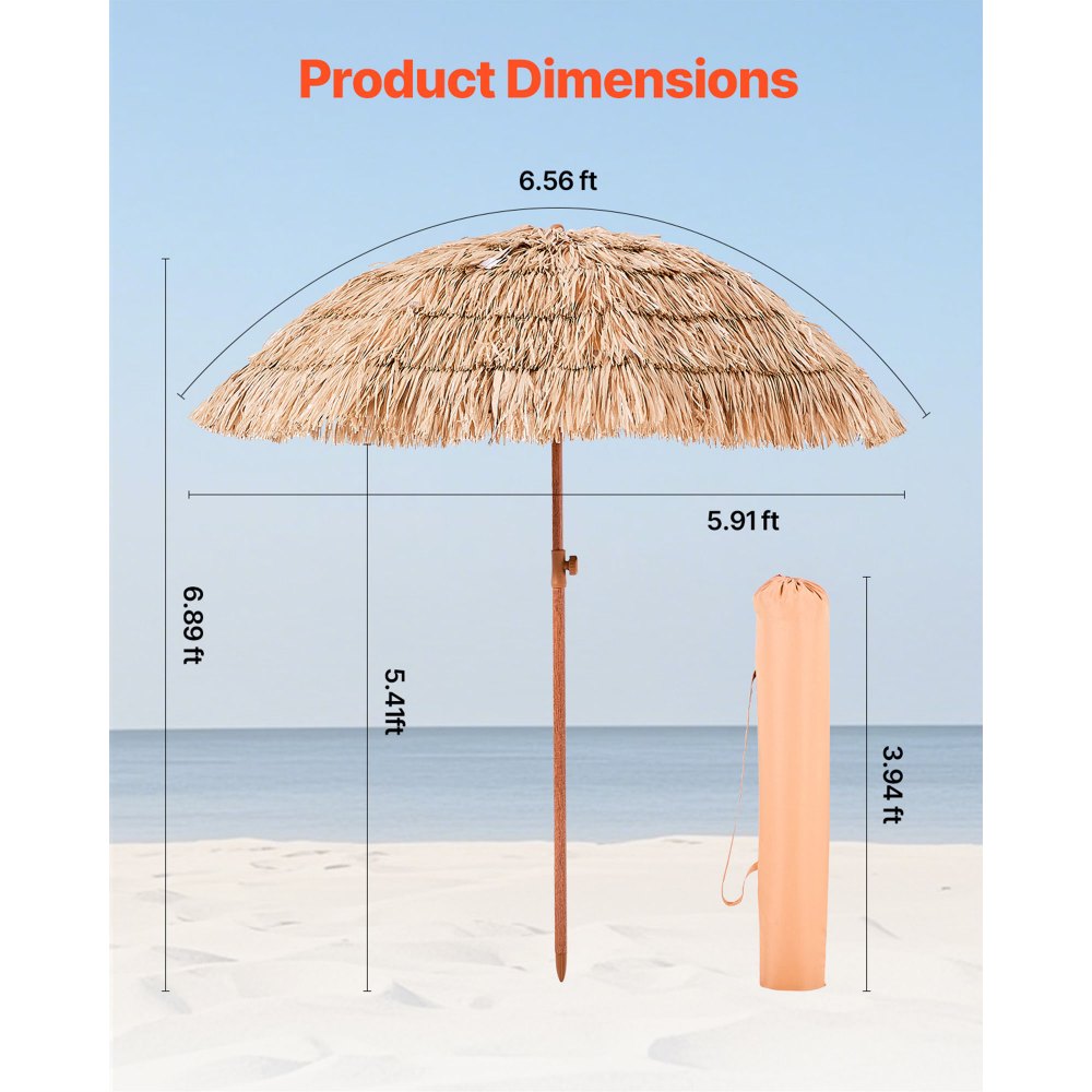 VEVOR Hawaii Straw Parasol, 1.8 m Tiltable Straw Parasol, Beach Parasol with PP Straw & 8 Metal Ribs, Garden Parasol, Market Parasol, Patio Parasol for Beach, Terrace, Poolside, Backyard & Garden