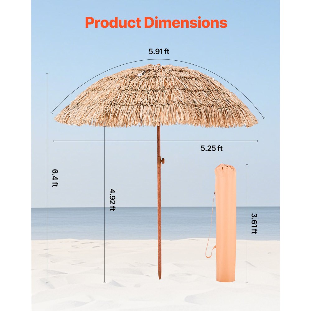 VEVOR Sombrilla de Paja de PP 1,8 m, Sombrilla Tiki Inclinable con 8 Varillas Metálicas, Parasol Hawaiano Portátil y Plegable para Protección Solar, para Playa, Terraza, Jardín, Piscina, Patio