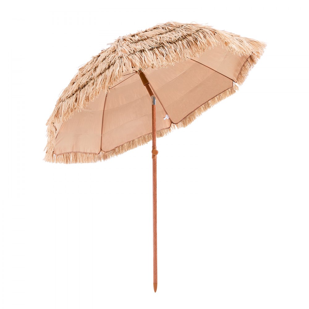 VEVOR Sombrilla de Paja de PP 1,8 m, Sombrilla Tiki Inclinable con 8 Varillas Metálicas, Parasol Hawaiano Portátil y Plegable para Protección Solar, para Playa, Terraza, Jardín, Piscina, Patio
