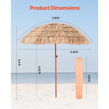 VEVOR Sombrilla de Paja de PP 1,8 m, Sombrilla Tiki Inclinable con 8 Varillas Metálicas, Parasol Hawaiano Portátil y Plegable para Protección Solar, para Playa, Terraza, Jardín, Piscina, Patio