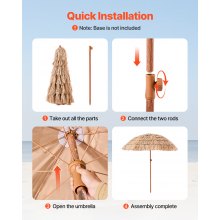 VEVOR Sombrilla de Paja de PP 1,8 m, Sombrilla Tiki Inclinable con 8 Varillas Metálicas, Parasol Hawaiano Portátil y Plegable para Protección Solar, para Playa, Terraza, Jardín, Piscina, Patio