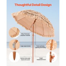 VEVOR Sombrilla de Paja de PP 1,8 m, Sombrilla Tiki Inclinable con 8 Varillas Metálicas, Parasol Hawaiano Portátil y Plegable para Protección Solar, para Playa, Terraza, Jardín, Piscina, Patio