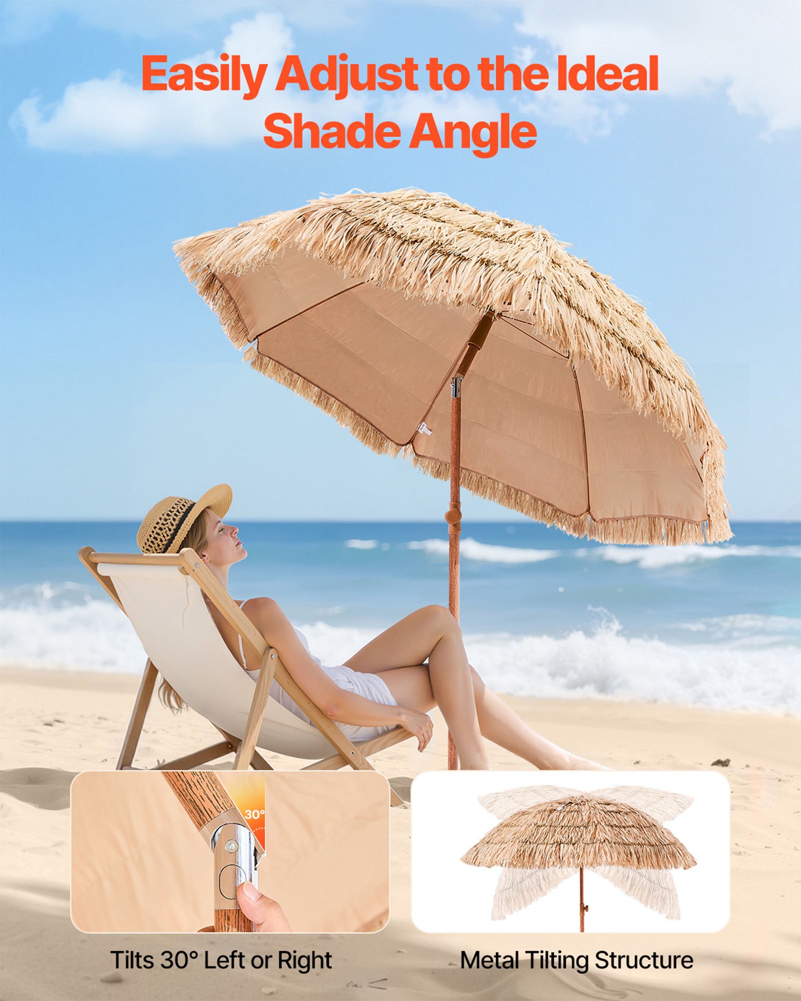 VEVOR Sombrilla de Paja de PP 1,8 m, Sombrilla Tiki Inclinable con 8 Varillas Metálicas, Parasol Hawaiano Portátil y Plegable para Protección Solar, para Playa, Terraza, Jardín, Piscina, Patio