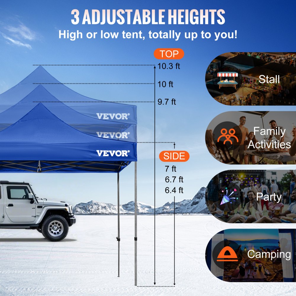 VEVOR Carpa Plegable con Paredes Laterales Cenador Plegable de 3 x 3 m Carpas Impermeables de PVC con Bolsa de Tela Cenador para Exteriores 3 Alturas Ajustables Azul para Fiestas, Bodas, Reuniones