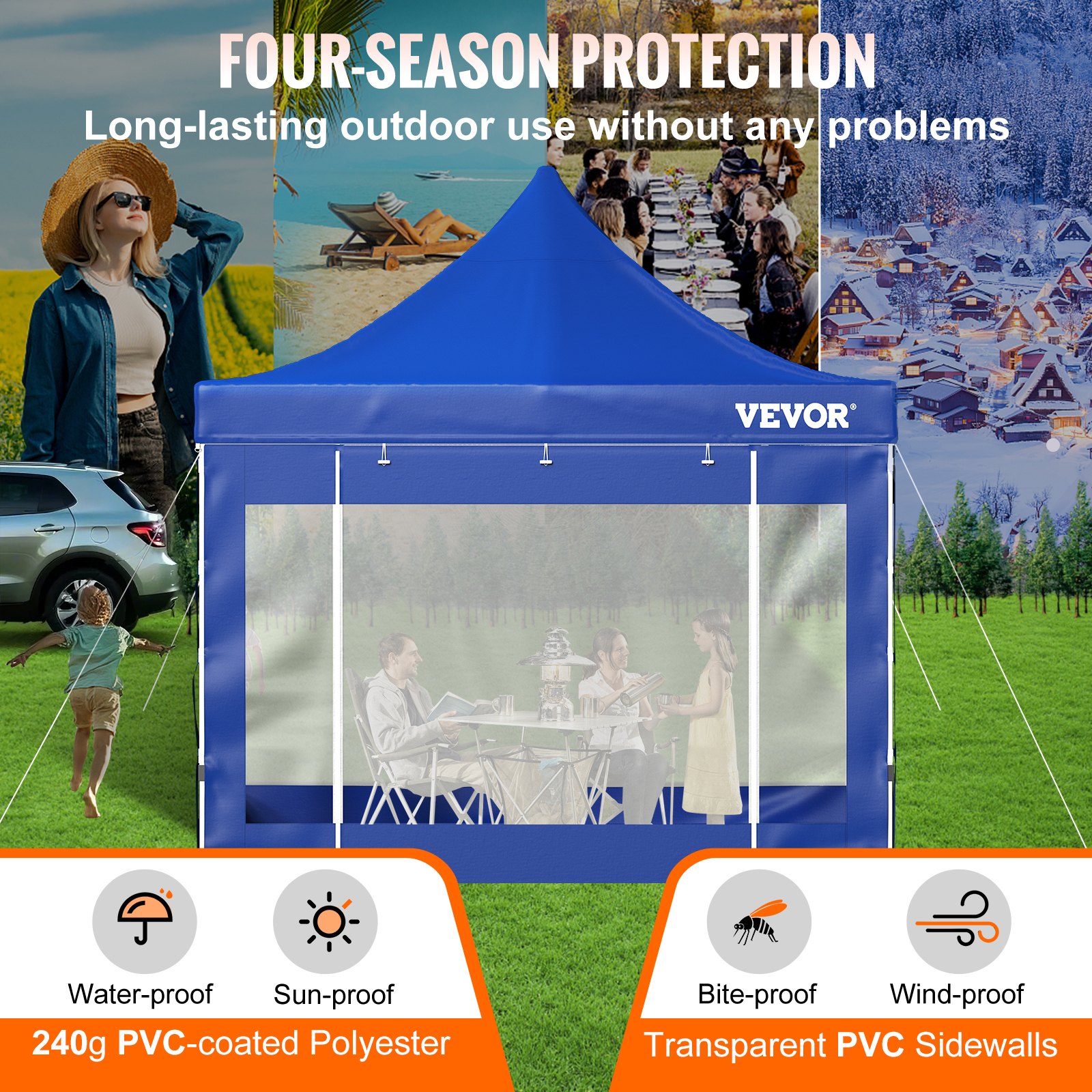 VEVOR Carpa Plegable con Paredes Laterales Cenador Plegable de 3 x 3 m Carpas Impermeables de PVC con Bolsa de Tela Cenador para Exteriores 3 Alturas Ajustables Azul para Fiestas, Bodas, Reuniones