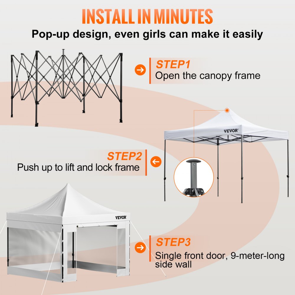 VEVOR Carpa Plegable con Paredes Laterales Cenador Plegable de 3 x 3 m Carpas Impermeables de PVC con Bolsa de Tela Cenador para Exteriores 3 Alturas Ajustables Blanco para Fiestas, Bodas, Reuniones