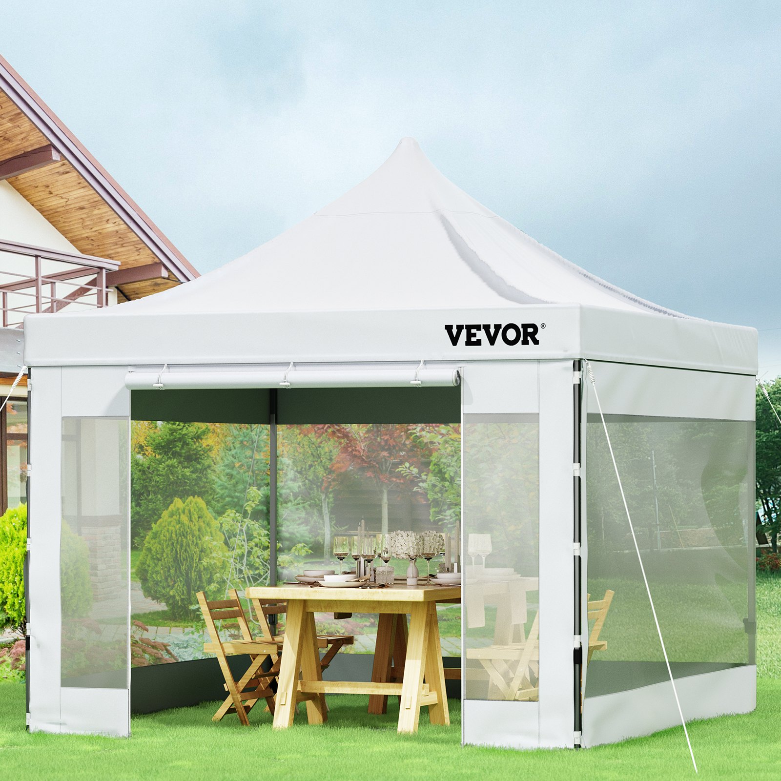 VEVOR Carpa Plegable con Paredes Laterales Cenador Plegable de 3 x 3 m Carpas Impermeables de PVC con Bolsa de Tela Cenador para Exteriores 3 Alturas Ajustables Blanco para Fiestas, Bodas, Reuniones