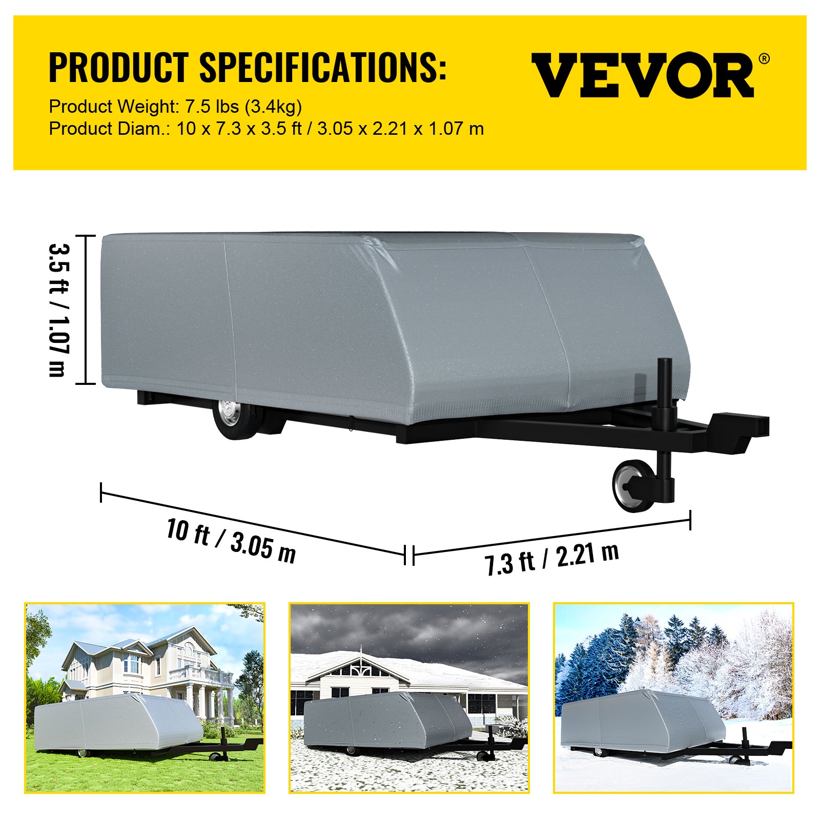 VEVOR Cubierta de Remolque Camper 8 a 10 Pies Funda Protección Remolque 3,05 x 2,21 x 1,07 m Toldo para Remolque Cubierta para Remolque Cubierta de Remolque de Caravana Emergente Tela no Tejida