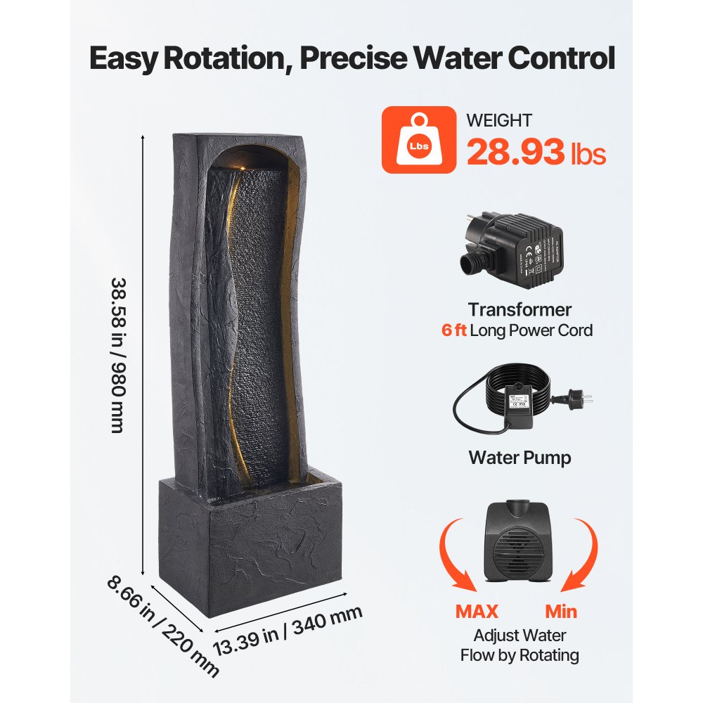 VEVOR Fuente de Agua para Exteriores, 98 cm de Altura, Fuente de Cascada Moderna de Una Sola Capa con Base de Roca, Luz LED y Bomba para Jardín, Patio, Decoración del Hogar, Exterior, Negro