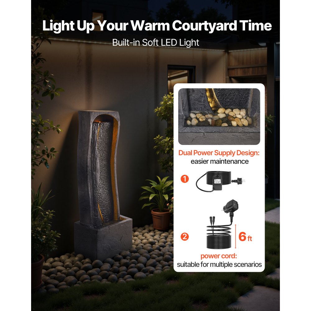 VEVOR Fuente de Agua para Exteriores, 98 cm de Altura, Fuente de Cascada Moderna de Una Sola Capa con Base de Roca, Luz LED y Bomba para Jardín, Patio, Decoración del Hogar, Exterior, Negro
