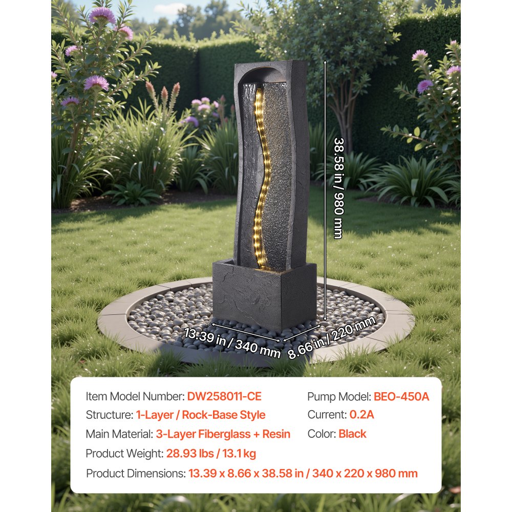 VEVOR Fuente de Agua para Exteriores, 98 cm de Altura, Fuente de Cascada Moderna de Una Sola Capa con Base de Roca, Luz LED y Bomba para Jardín, Patio, Decoración del Hogar, Exterior, Negro