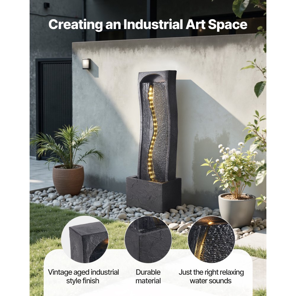 VEVOR Fuente de Agua para Exteriores, 98 cm de Altura, Fuente de Cascada Moderna de Una Sola Capa con Base de Roca, Luz LED y Bomba para Jardín, Patio, Decoración del Hogar, Exterior, Negro