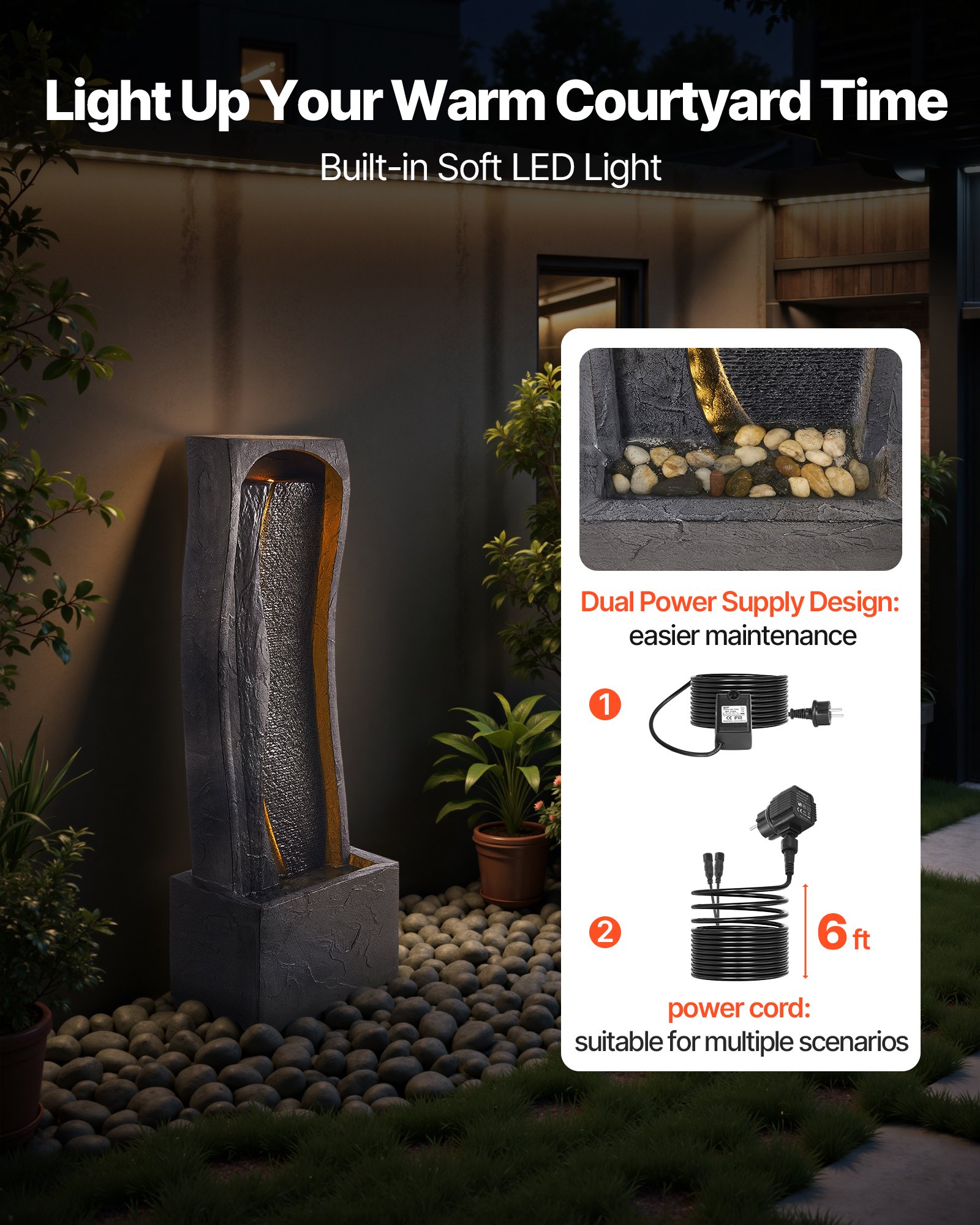 VEVOR Fuente de Agua para Exteriores, 98 cm de Altura, Fuente de Cascada Moderna de Una Sola Capa con Base de Roca, Luz LED y Bomba para Jardín, Patio, Decoración del Hogar, Exterior, Negro