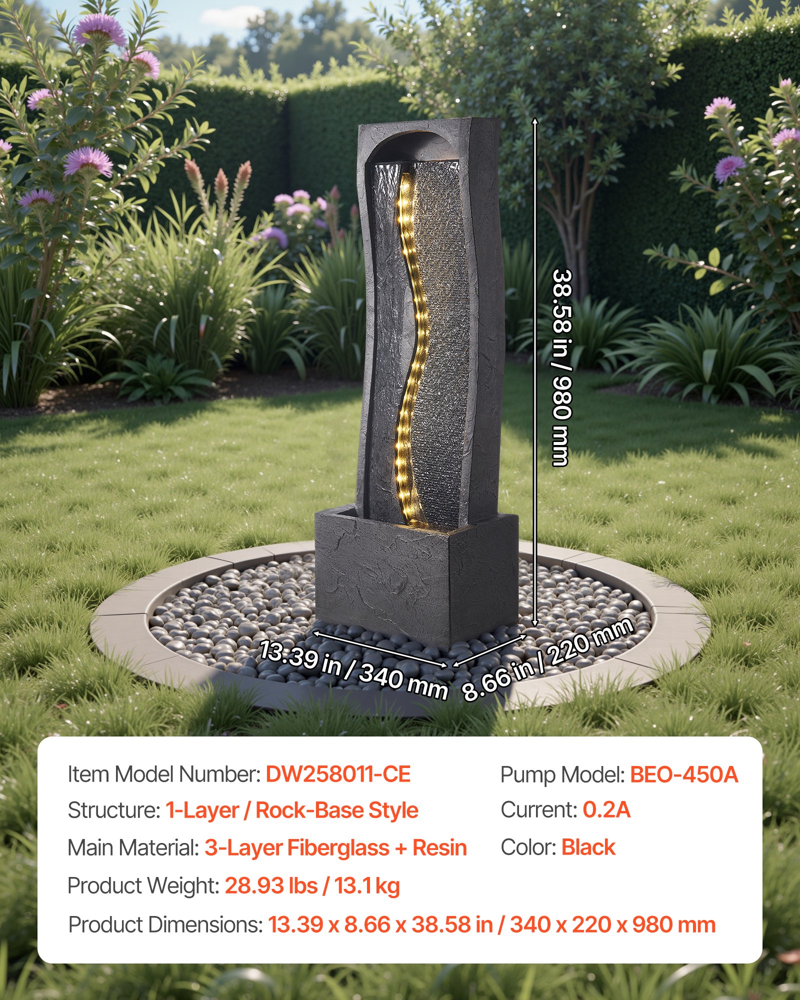 VEVOR Fuente de Agua para Exteriores, 98 cm de Altura, Fuente de Cascada Moderna de Una Sola Capa con Base de Roca, Luz LED y Bomba para Jardín, Patio, Decoración del Hogar, Exterior, Negro