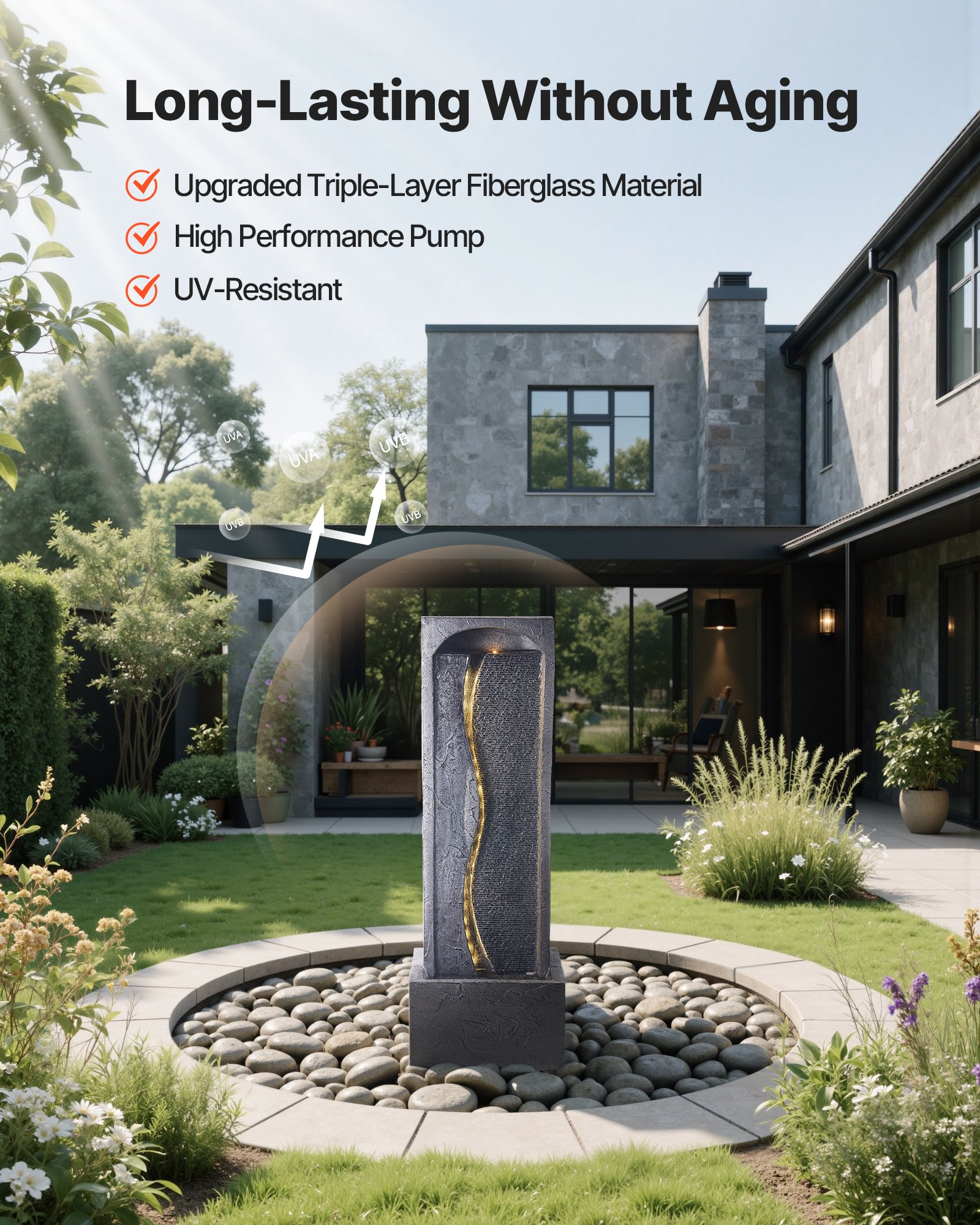 VEVOR Fuente de Agua para Exteriores, 98 cm de Altura, Fuente de Cascada Moderna de Una Sola Capa con Base de Roca, Luz LED y Bomba para Jardín, Patio, Decoración del Hogar, Exterior, Negro