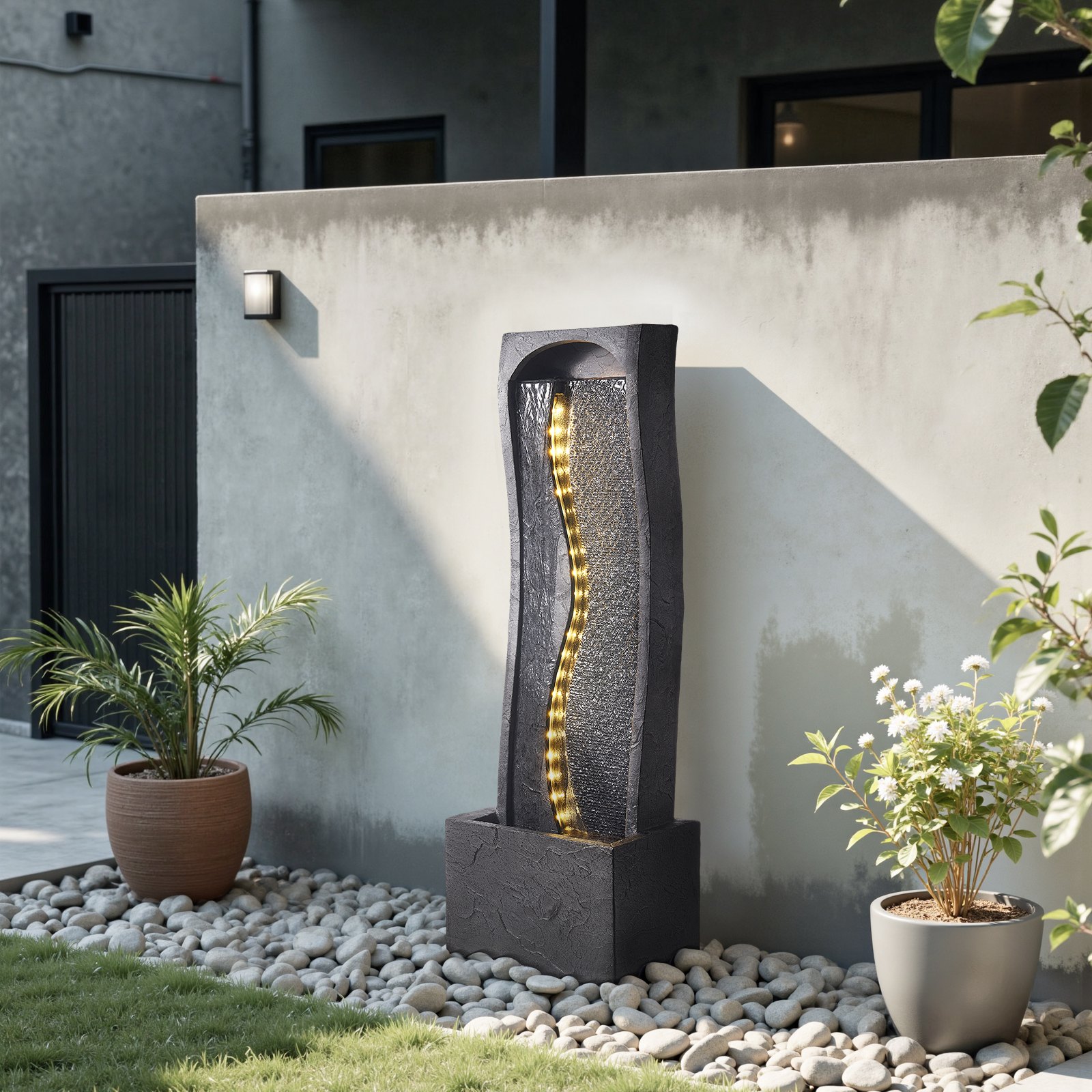 VEVOR Fuente de Agua para Exteriores, 98 cm de Altura, Fuente de Cascada Moderna de Una Sola Capa con Base de Roca, Luz LED y Bomba para Jardín, Patio, Decoración del Hogar, Exterior, Negro