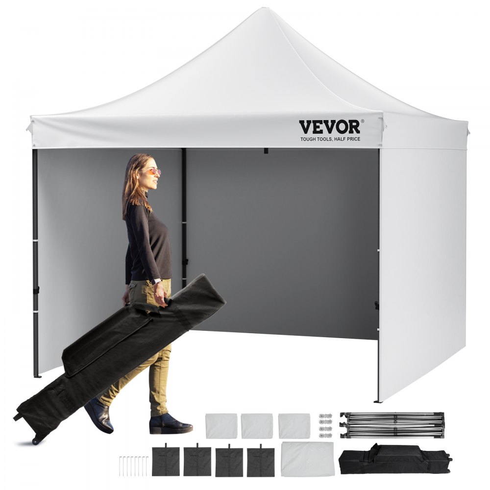 Carpa emergente VEVOR con accesorios y una persona que lleva un estuche de transporte negro.