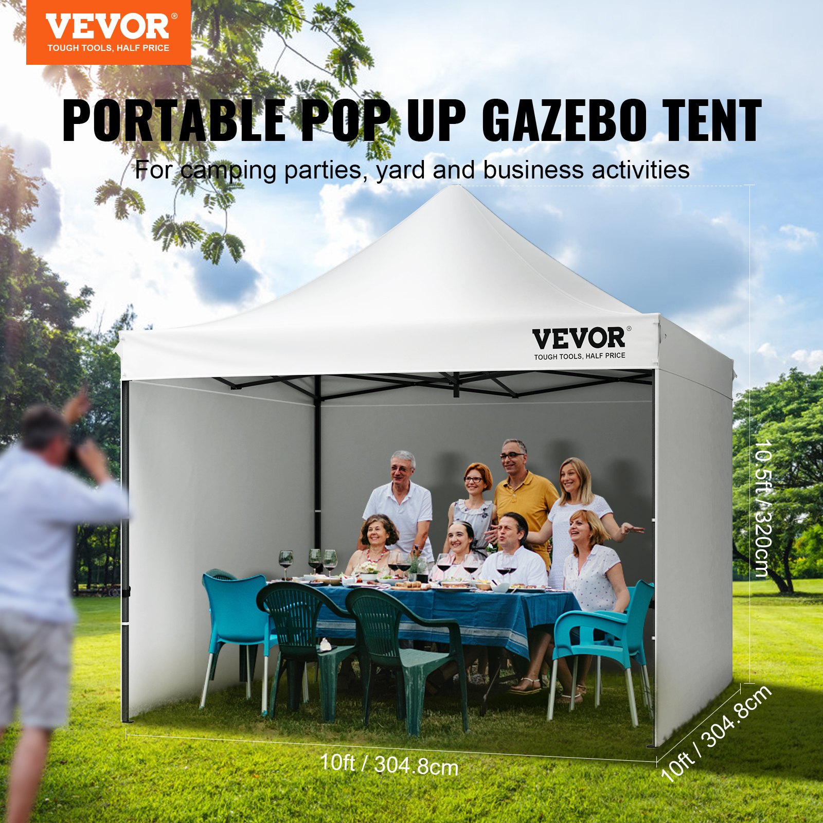 VEVOR Pavilion 304.8x304.8x320cm Garden Tent 500D PU Silver Fabric Folding Pavilion Height Adjustable incl. Storage Bag Party Tent 6-8 Person Pop-Up Tent White Garden Pavilion for Camping Trips