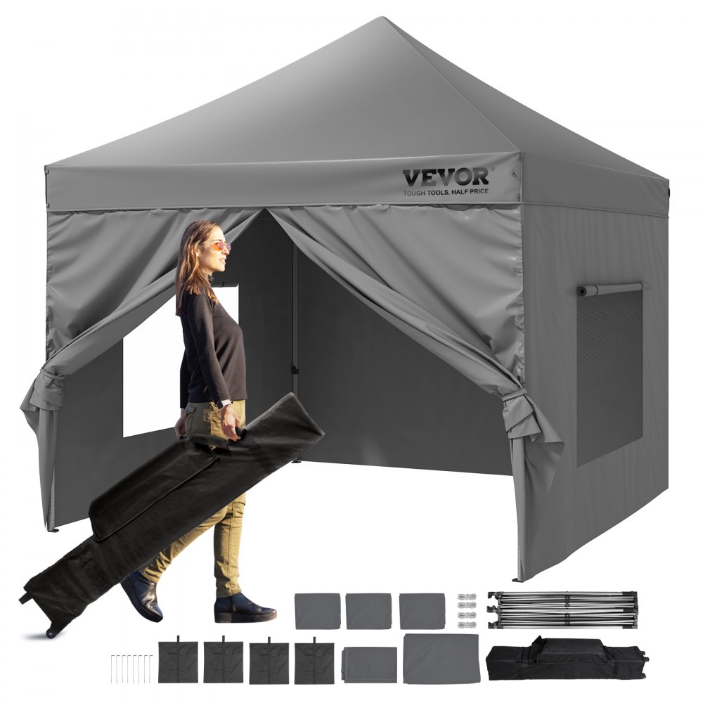 VEVOR Carpa Gazebo Emergente 304,8x304,8 cm Carpa para Cenador impermeable de Paredes Laterales Extraíbles Resistente a los Rayos UV con Bolsa con Ruedas para Exteriores, Jardín, Fiesta, Camping, Gris