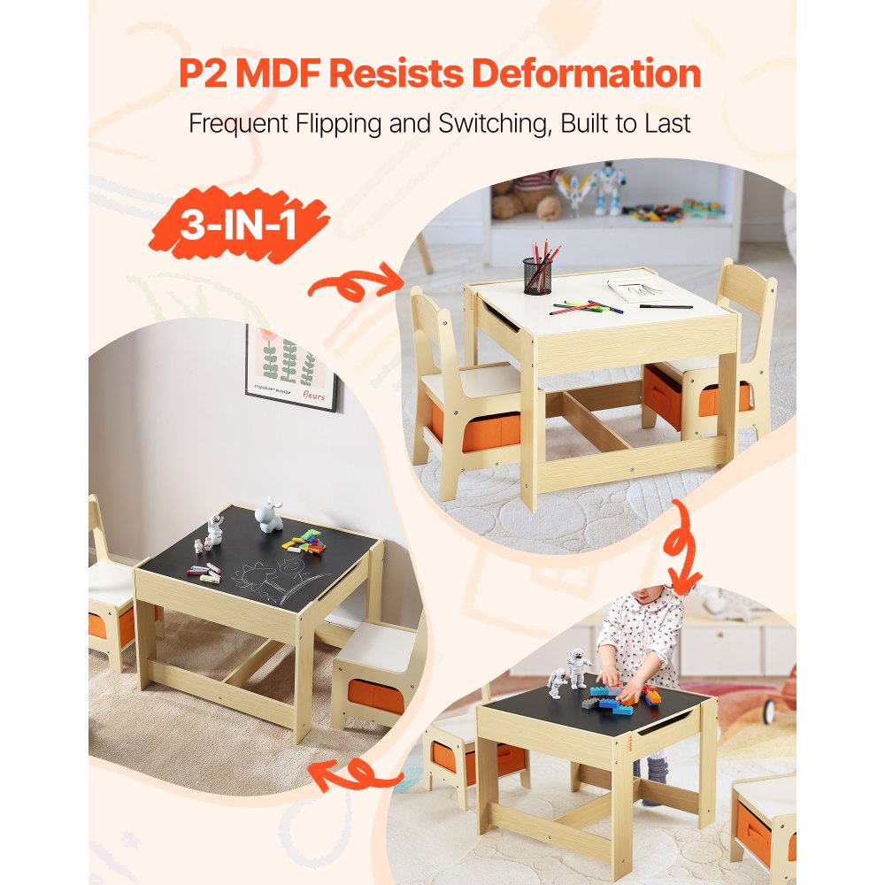 VEVOR Mesa Infantil, con 2 Sillas y Caja de Almacenamiento de Tela Debajo de las Sillas, para Leer, Aprender, Dibujar y Escribir, Conjunto de Asientos para Guardería, para Niños de 2 a 8 Años