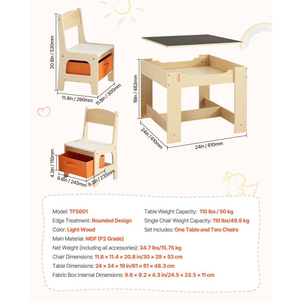 VEVOR Mesa Infantil, con 2 Sillas y Caja de Almacenamiento de Tela Debajo de las Sillas, para Leer, Aprender, Dibujar y Escribir, Conjunto de Asientos para Guardería, para Niños de 2 a 8 Años