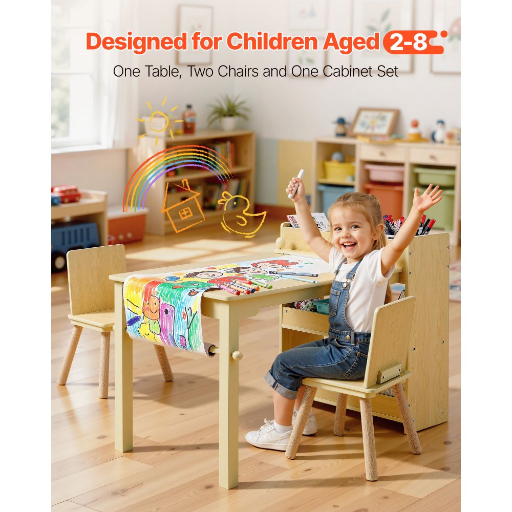 VEVOR Mesa Infantil con 2 Sillas y Armario de 3 Niveles, para Leer, Aprender, Dibujar y Escribir, Conjunto de Asientos Infantiles para Guardería, Mesa/Escritorio de Manualidades, Madera Clara