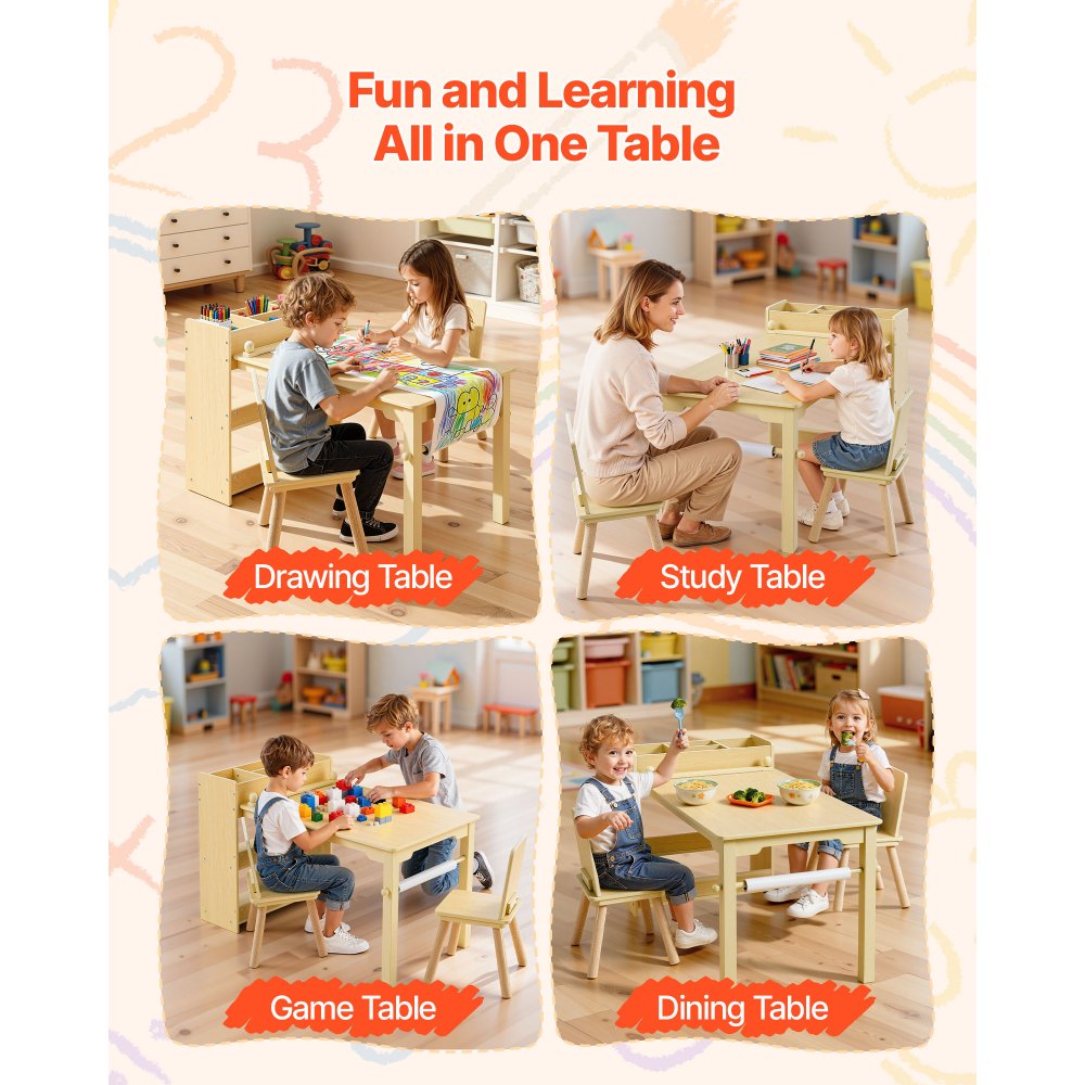 VEVOR Mesa Infantil con 2 Sillas y Armario de 3 Niveles, para Leer, Aprender, Dibujar y Escribir, Conjunto de Asientos Infantiles para Guardería, Mesa/Escritorio de Manualidades, Madera Clara