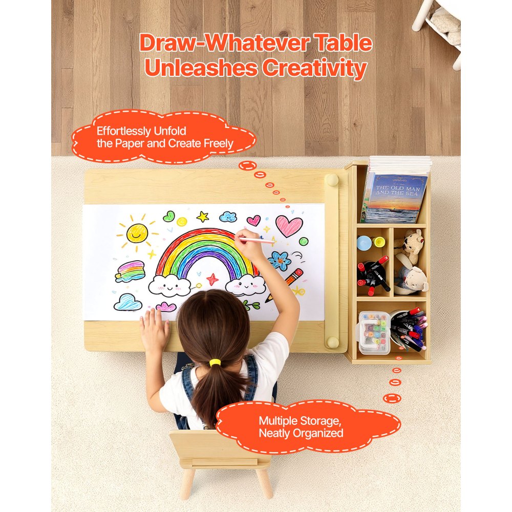 VEVOR Mesa Infantil con 2 Sillas y Armario de 3 Niveles, para Leer, Aprender, Dibujar y Escribir, Conjunto de Asientos Infantiles para Guardería, Mesa/Escritorio de Manualidades, Madera Clara