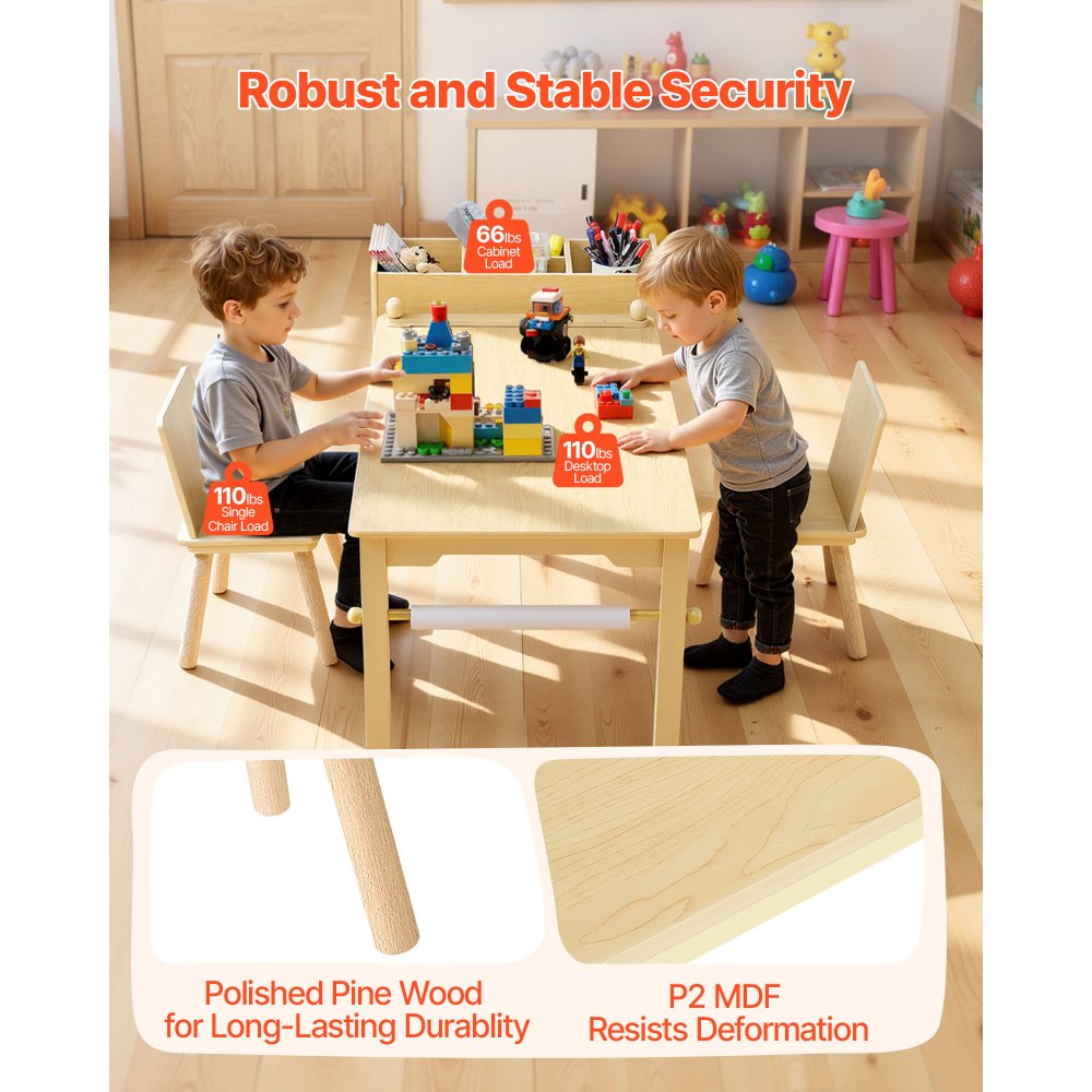 VEVOR Mesa Infantil con 2 Sillas y Armario de 3 Niveles, para Leer, Aprender, Dibujar y Escribir, Conjunto de Asientos Infantiles para Guardería, Mesa/Escritorio de Manualidades, Madera Clara