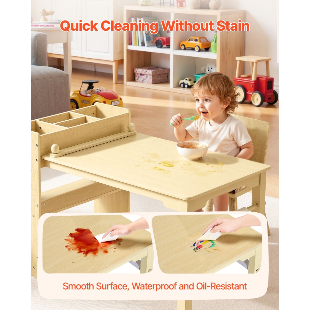 VEVOR Mesa Infantil con 2 Sillas y Armario de 3 Niveles, para Leer, Aprender, Dibujar y Escribir, Conjunto de Asientos Infantiles para Guardería, Mesa/Escritorio de Manualidades, Madera Clara