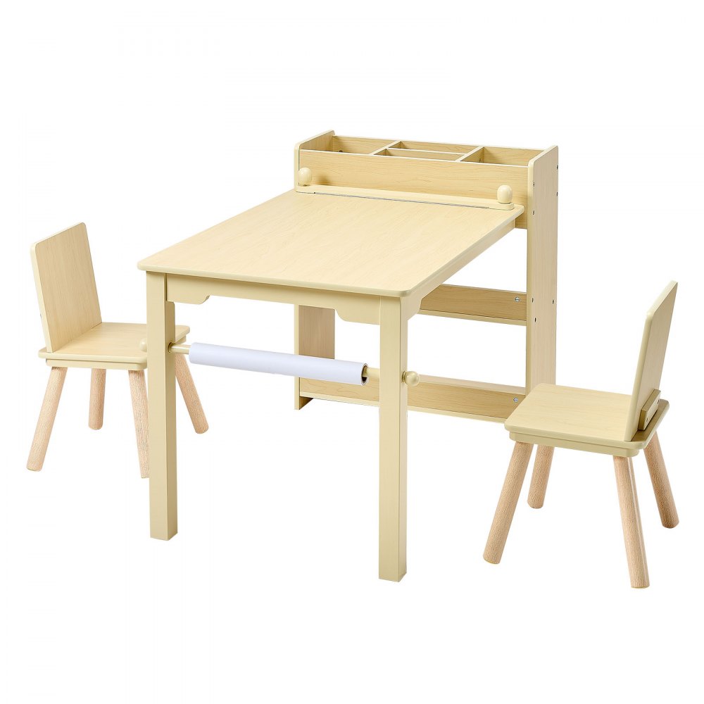 VEVOR Mesa Infantil con 2 Sillas y Armario de 3 Niveles, para Leer, Aprender, Dibujar y Escribir, Conjunto de Asientos Infantiles para Guardería, Mesa/Escritorio de Manualidades, Madera Clara