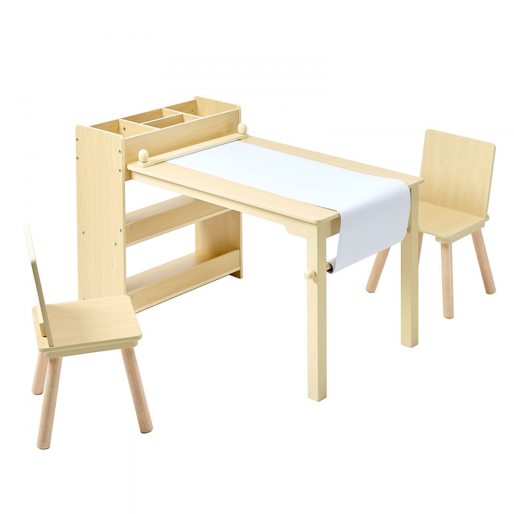 VEVOR Mesa Infantil con 2 Sillas y Armario de 3 Niveles, para Leer, Aprender, Dibujar y Escribir, Conjunto de Asientos Infantiles para Guardería, Mesa/Escritorio de Manualidades, Madera Clara