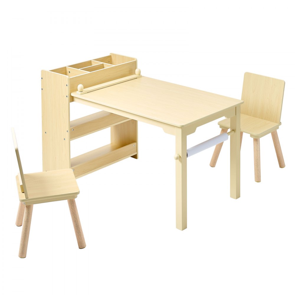 VEVOR Mesa Infantil con 2 Sillas y Armario de 3 Niveles, para Leer, Aprender, Dibujar y Escribir, Conjunto de Asientos Infantiles para Guardería, Mesa/Escritorio de Manualidades, Madera Clara