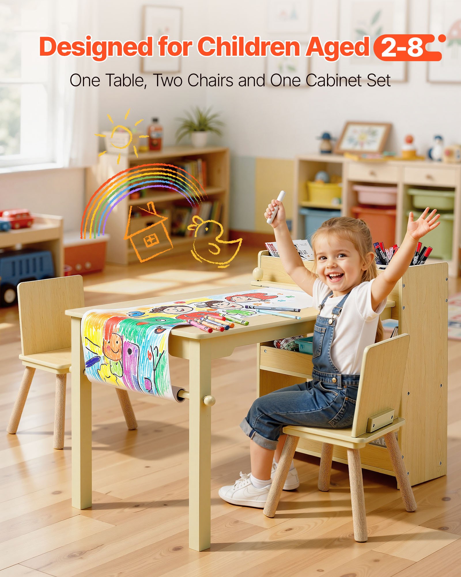 VEVOR Mesa Infantil con 2 Sillas y Armario de 3 Niveles, para Leer, Aprender, Dibujar y Escribir, Conjunto de Asientos Infantiles para Guardería, Mesa/Escritorio de Manualidades, Madera Clara