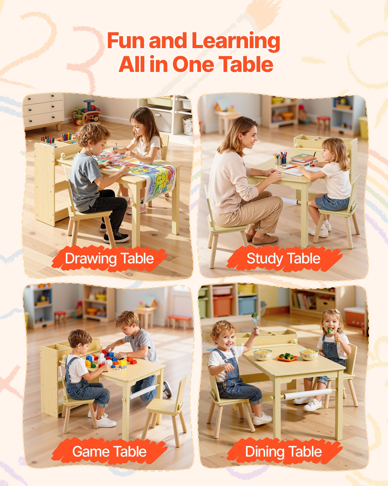 VEVOR Mesa Infantil con 2 Sillas y Armario de 3 Niveles, para Leer, Aprender, Dibujar y Escribir, Conjunto de Asientos Infantiles para Guardería, Mesa/Escritorio de Manualidades, Madera Clara