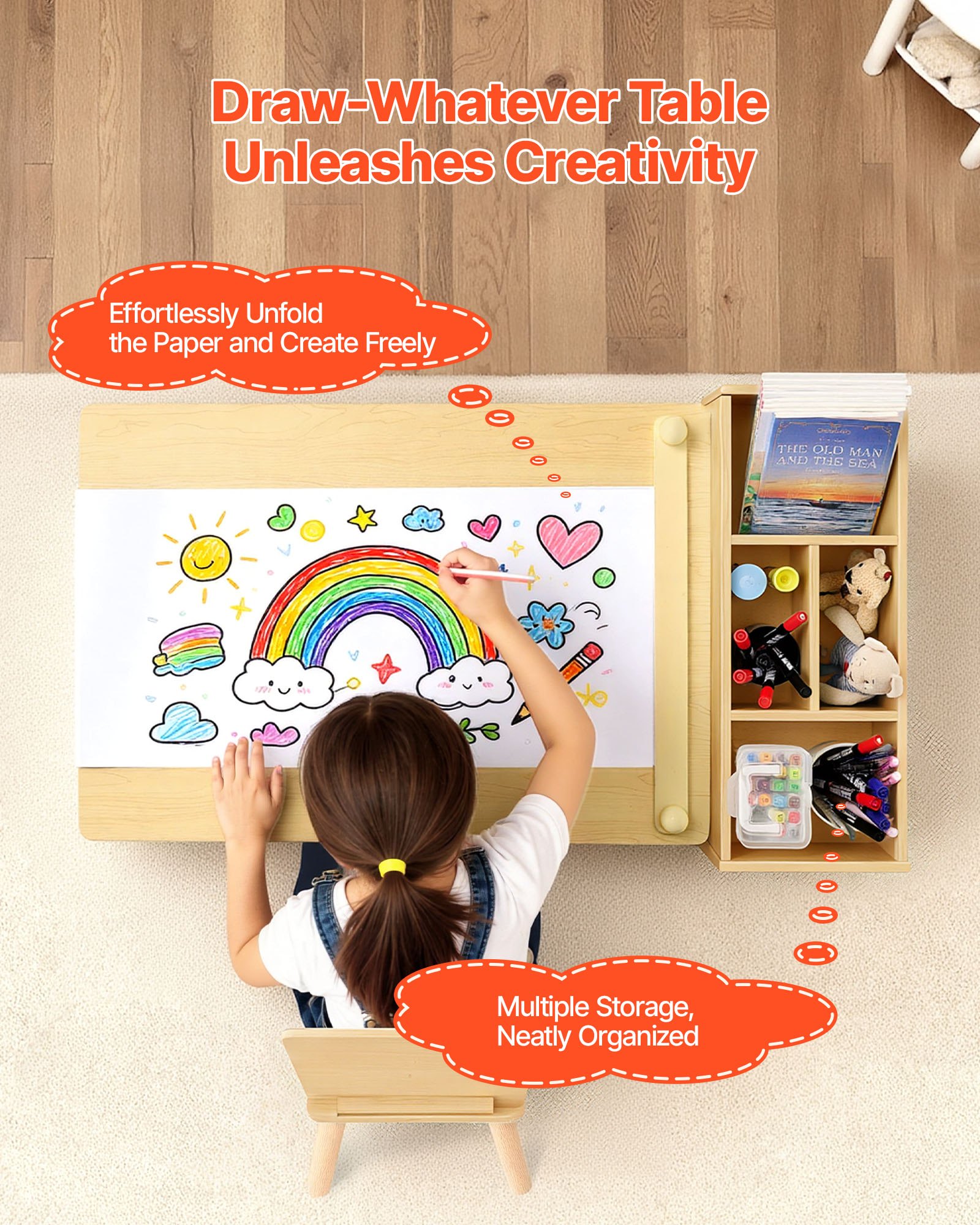 VEVOR Mesa Infantil con 2 Sillas y Armario de 3 Niveles, para Leer, Aprender, Dibujar y Escribir, Conjunto de Asientos Infantiles para Guardería, Mesa/Escritorio de Manualidades, Madera Clara